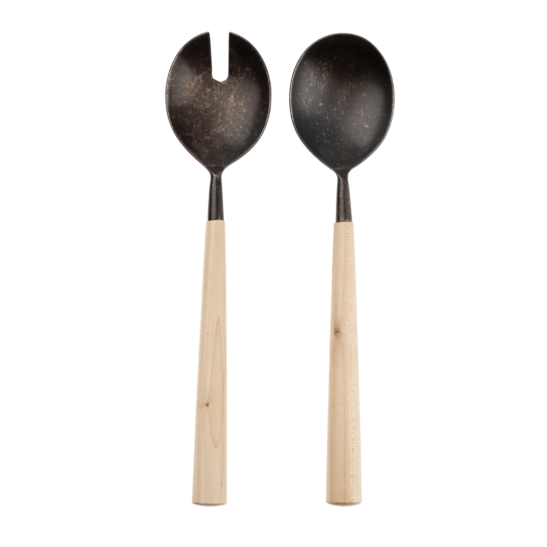 Couverts à salade en érable et acier noir | Ensemble de 2 | Forgés à la main - Les Trouvailles de JustineIndaba Home
