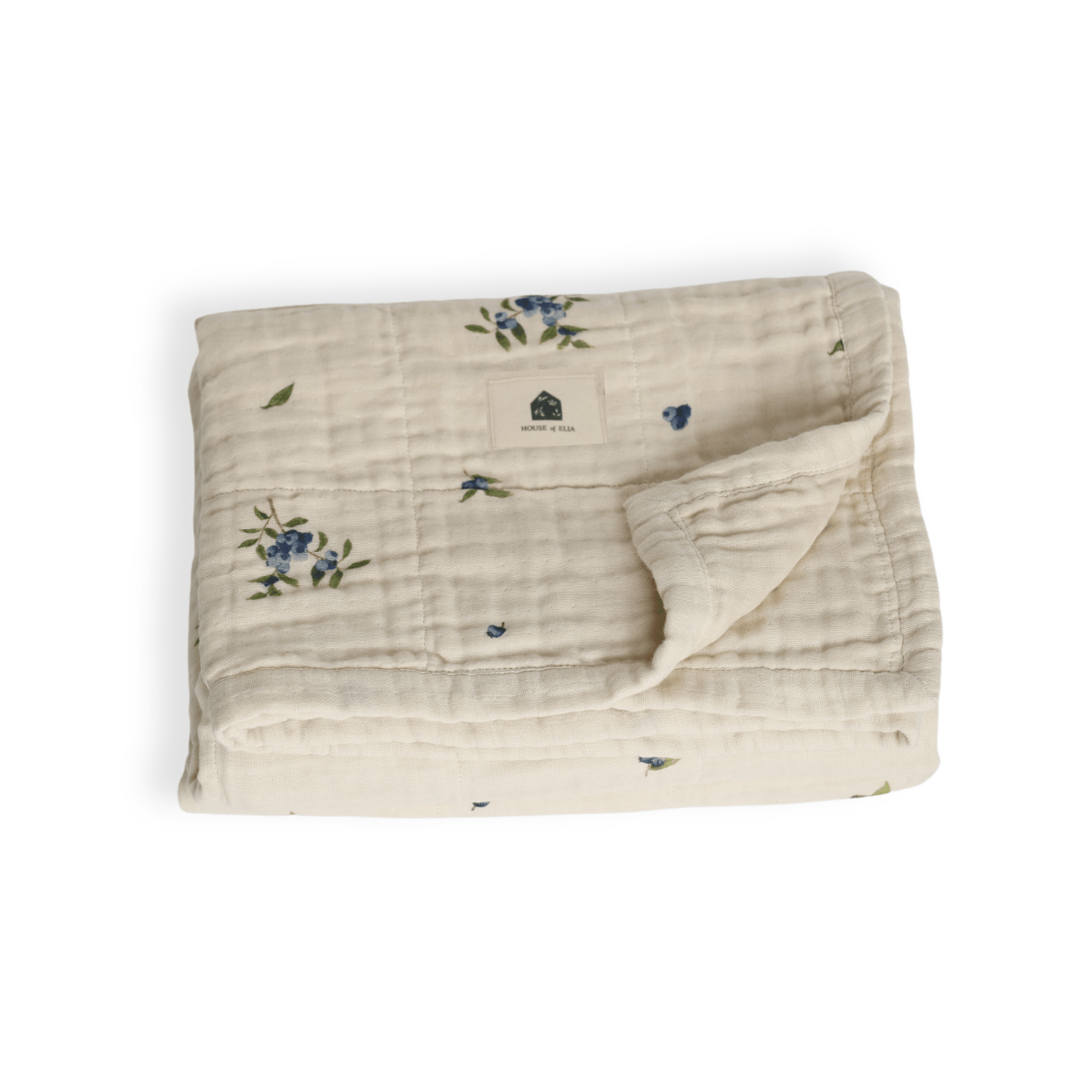 Couverture bébé en mousseline 4 couches blanche, motifs fleuris bleu/vert, bord roulé