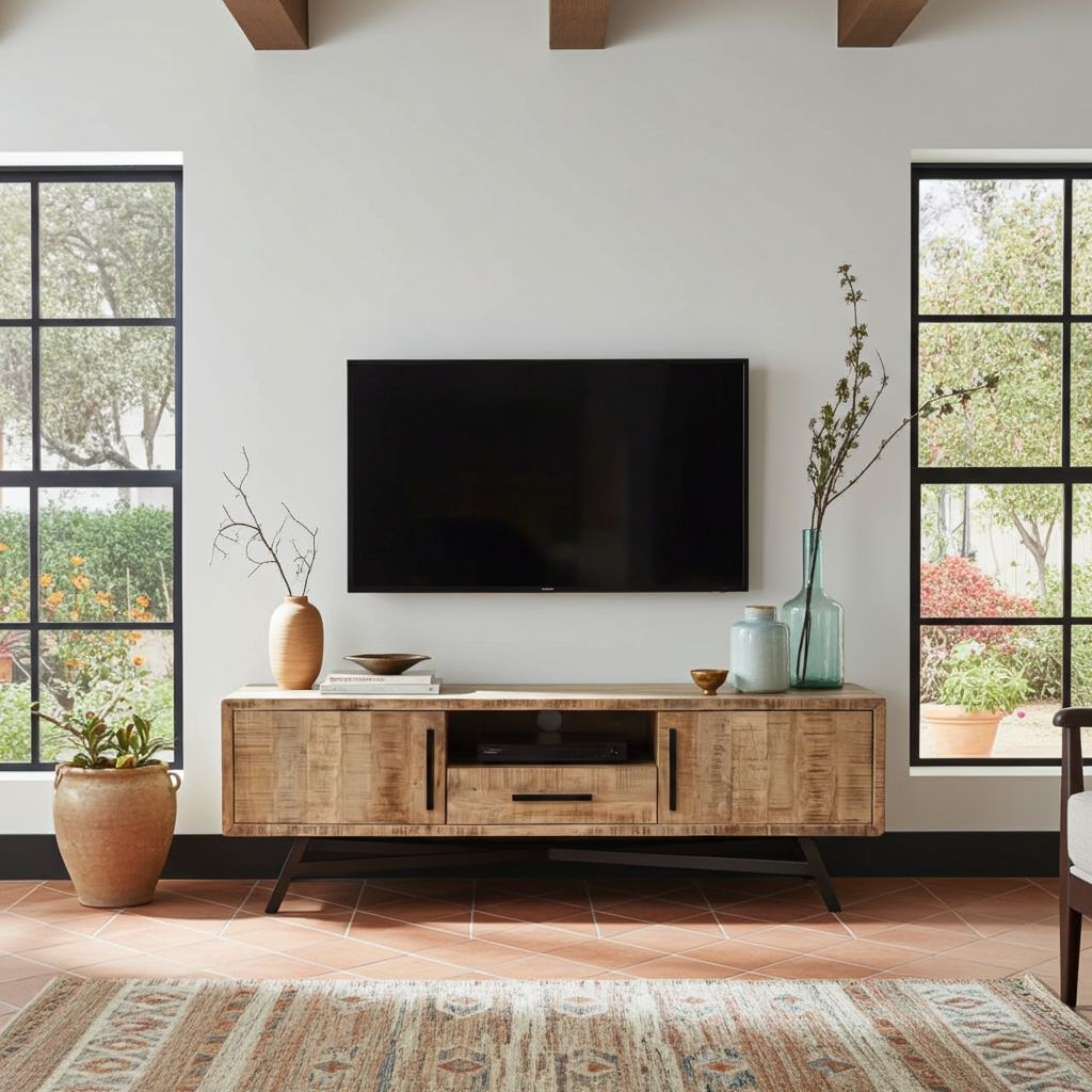 Console média en bois de manguier brut | Piètement en acier noir