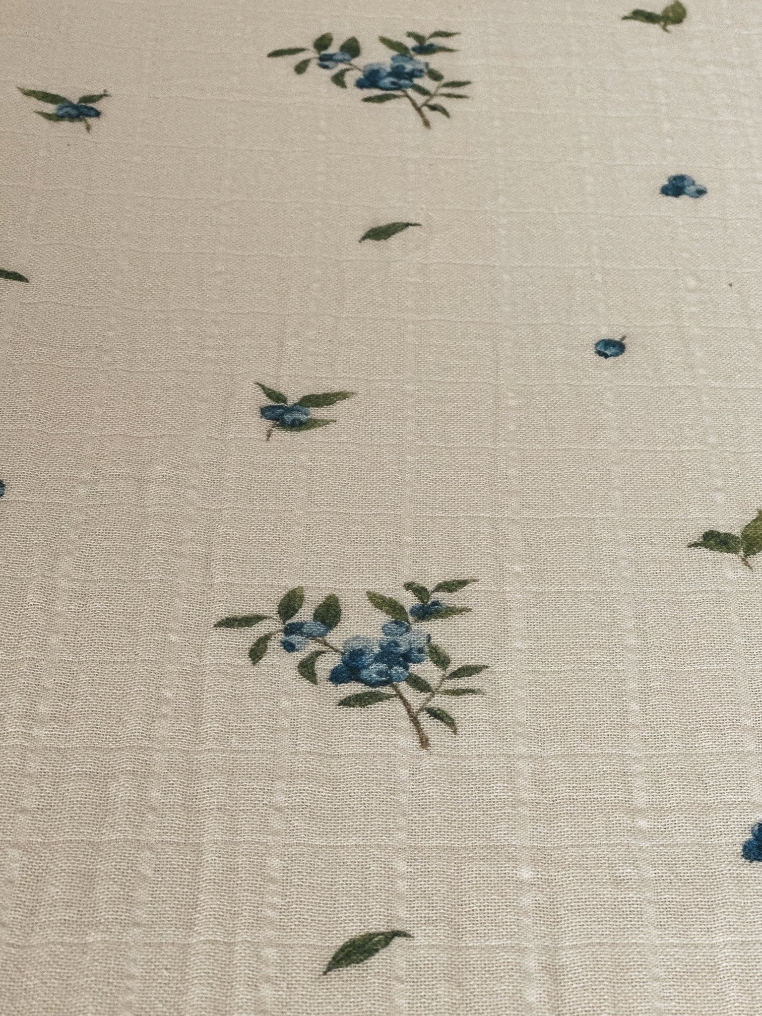Détail de mousseline écrue : petites fleurs bleu et vert, texture finement gaufrée