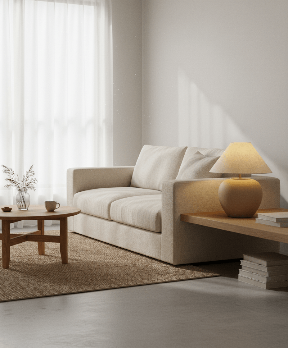 Lampe de table Earthen Vessel en travertin naturel sur table de salon