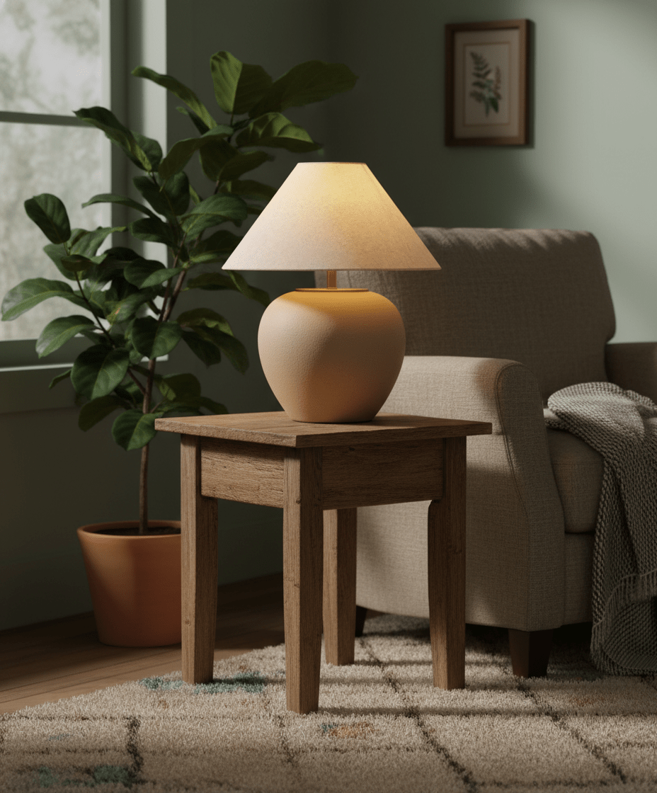 Lampe de table Earthen Vessel en travertin naturel, design sculptural minimaliste avec LED intégrée