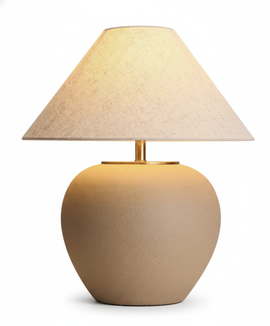 Lampe de table Earthen Vessel en travertin naturel avec LED intégrée sur fond blanc