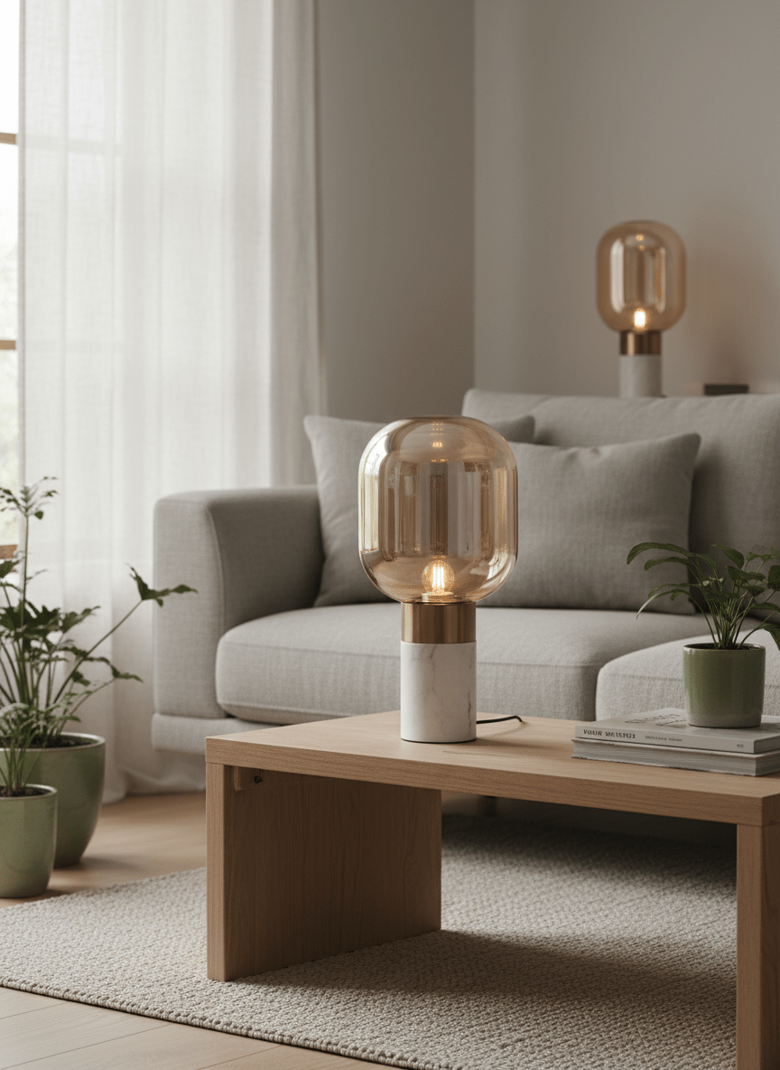 Elysian Modern Table Lamp | Acrylic Marble Effect Base | Amber Glass Shade