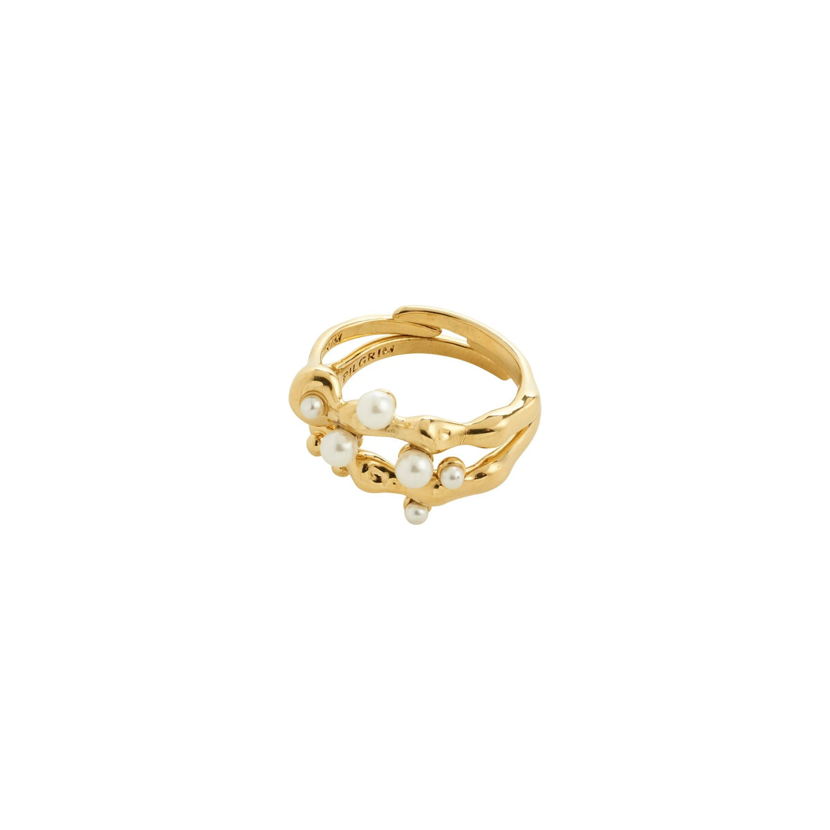 Ensemble de deux bagues ajustables CHADLEY de Pilgrim avec perles de verre nacrées, disponibles en plaqué or 14 K ou plaqué argent, fabriquées avec 80 % de matériaux recyclés.