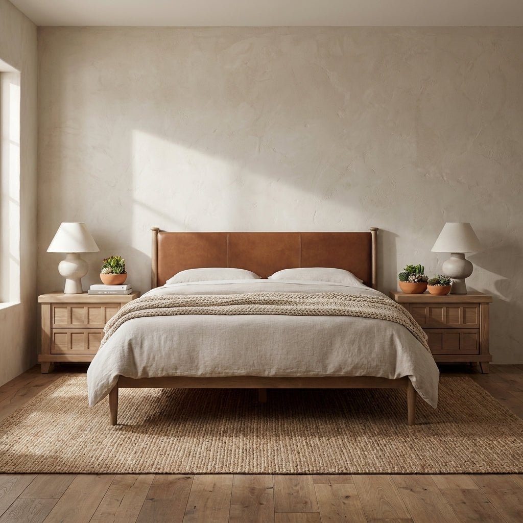 Ensemble de chambre avec lit en bois brun et deux tables de chevet avec tiroirs