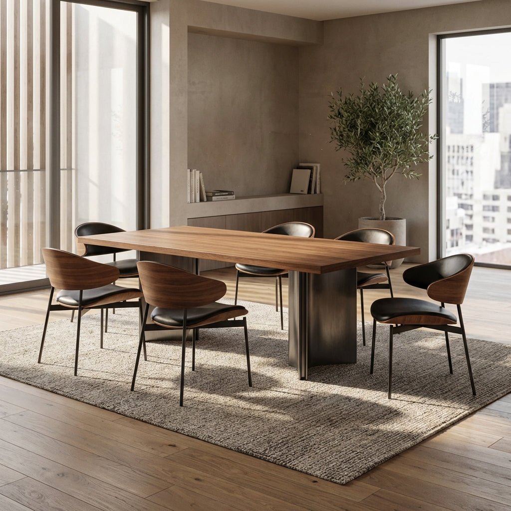 Ensemble de salle à manger Aero Curve en noyer et cuir | Table & 6 chaises | Design moderne et sculptural - Les Trouvailles de Justinedining setAltera