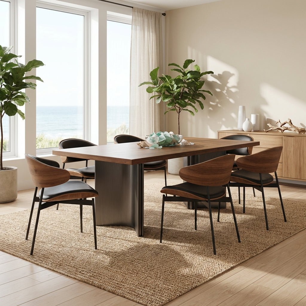 Ensemble de salle à manger Aero Curve en noyer et cuir | Table & 6 chaises | Design moderne et sculptural - Les Trouvailles de Justinedining setAltera