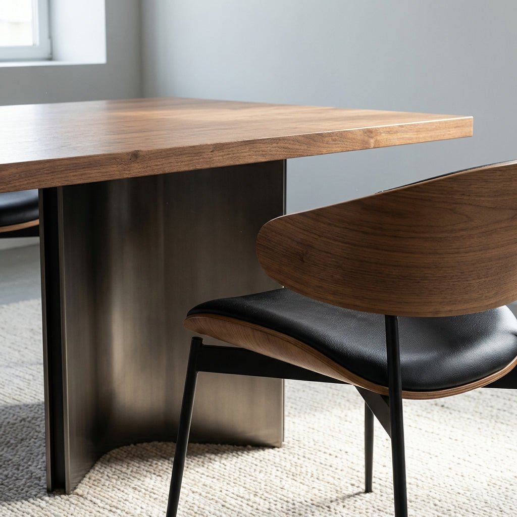 Ensemble de salle à manger Aero Curve en noyer et cuir | Table & 6 chaises | Design moderne et sculptural - Les Trouvailles de Justinedining setAltera