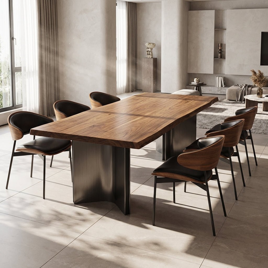 Ensemble de salle à manger Aero Curve en noyer et cuir | Table & 6 chaises | Design moderne et sculptural - Les Trouvailles de Justinedining setAltera
