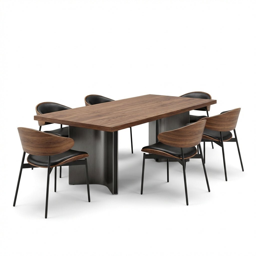 Ensemble de salle à manger Aero Curve en noyer et cuir | Table & 6 chaises | Design moderne et sculptural - Les Trouvailles de Justinedining setAltera