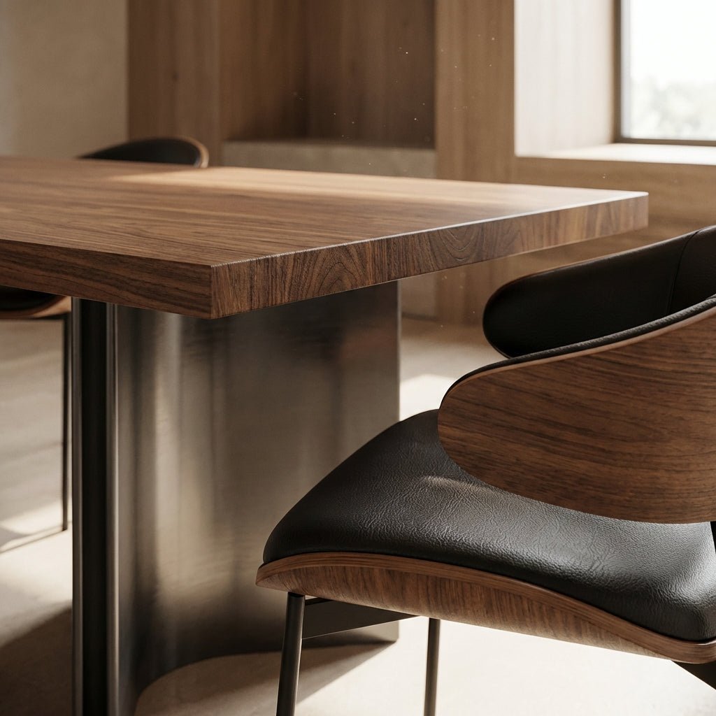Ensemble de salle à manger Aero Curve en noyer et cuir | Table & 6 chaises | Design moderne et sculptural - Les Trouvailles de Justinedining setAltera