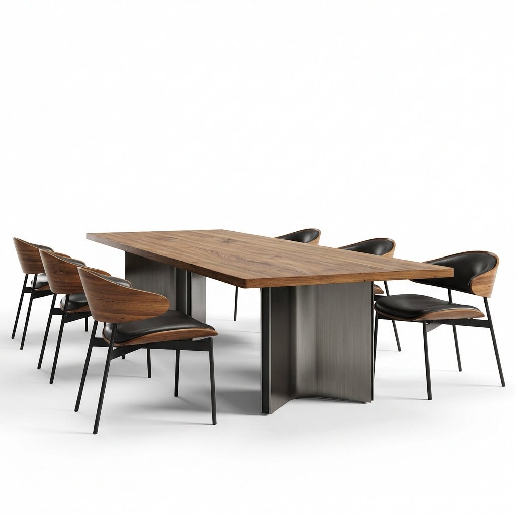 Ensemble de salle à manger Aero Curve en noyer et cuir | Table & 6 chaises | Design moderne et sculptural - Les Trouvailles de Justinedining setAltera