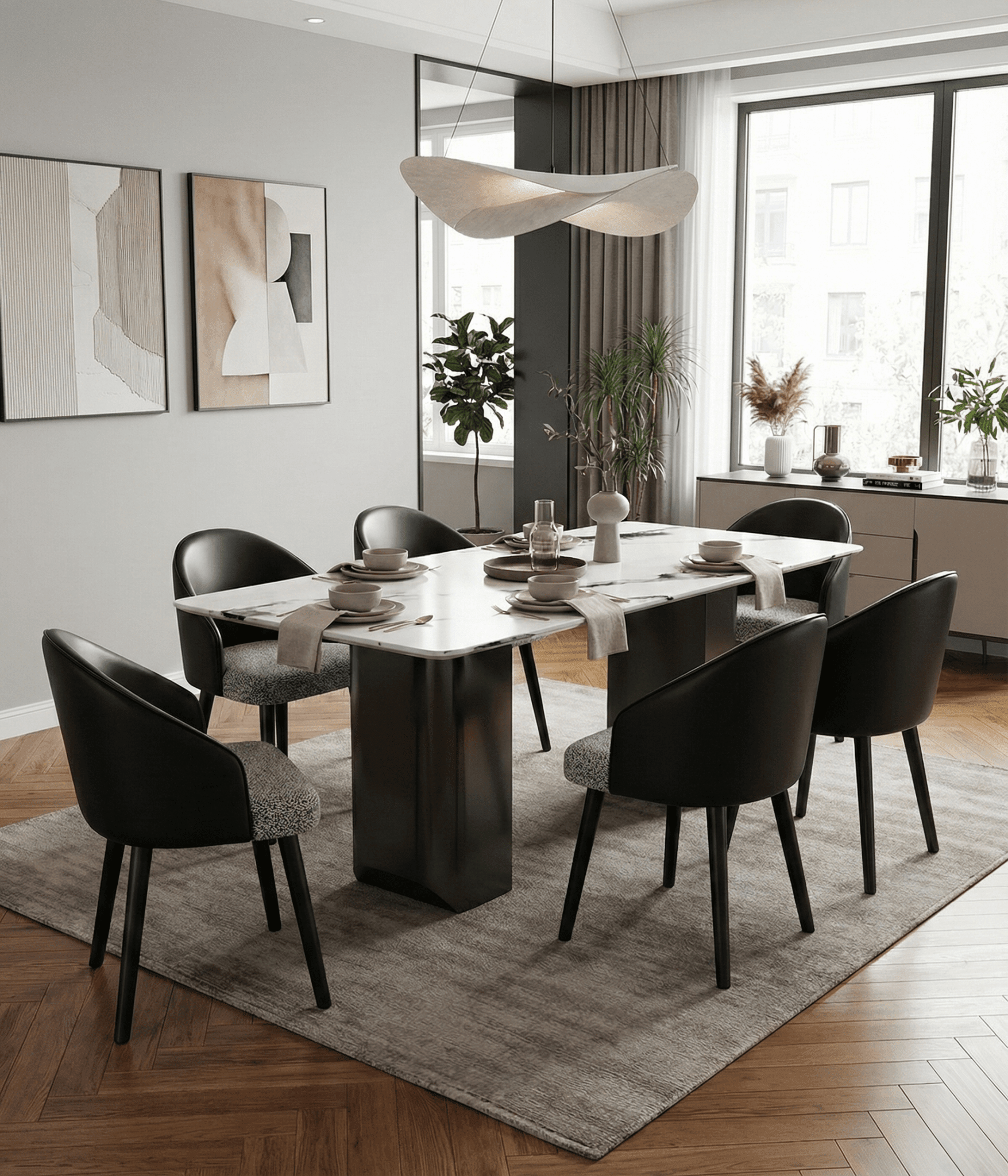 Ensemble de salle à manger Arcadia avec table en pierre effet marbre et chaises en cuir végan, design moderne