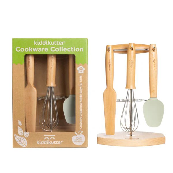Boîte et 4 ustensiles de cuisine enfant en bois de hêtre : fouet, spatule et cuillère
