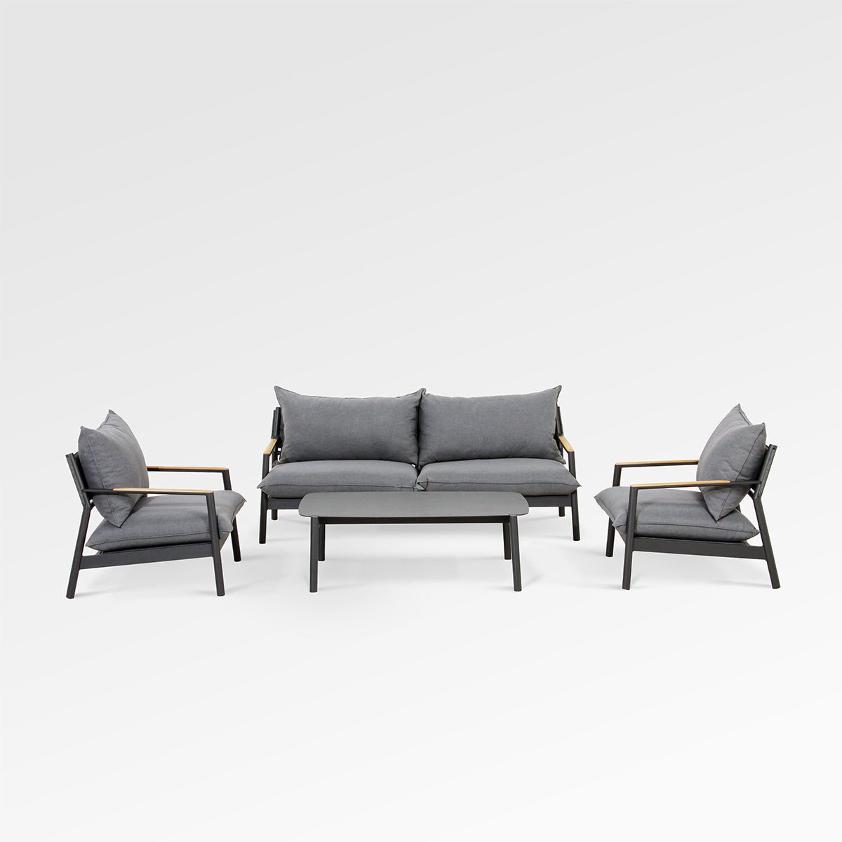 Ensemble Monti | Canapé et fauteuils | Teck et Aluminium | Coussins Sunproof® - Les Trouvailles de JustineConversationalEnclover