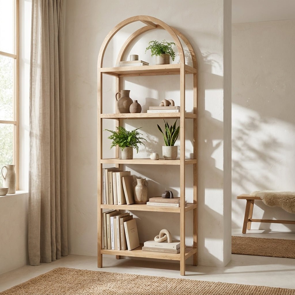 Bibliothèque Esenler en chêne blanc | Arche moderne | Étagères ouvertes | Fait à la main