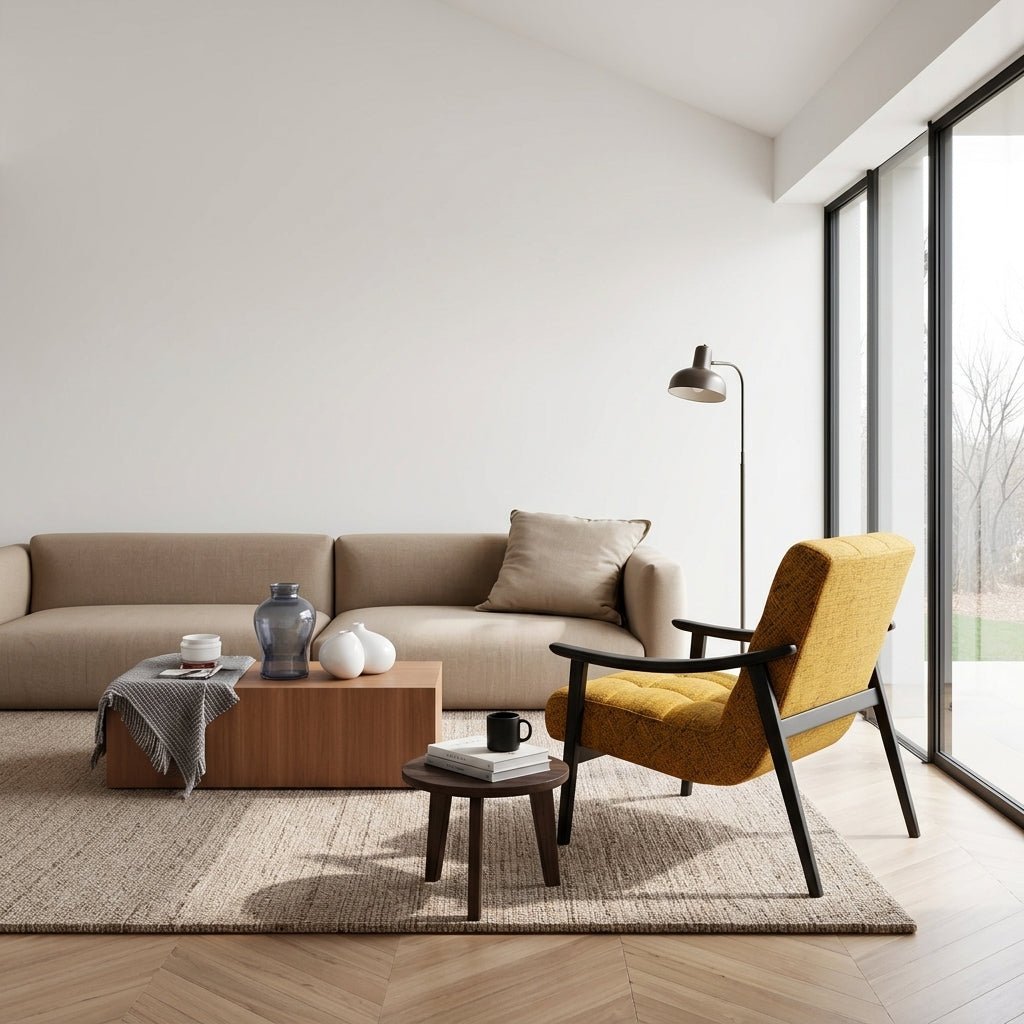 Fauteuil en tissu jaune moutarde sur tapis, structure bois foncé et accoudoirs incurvés.