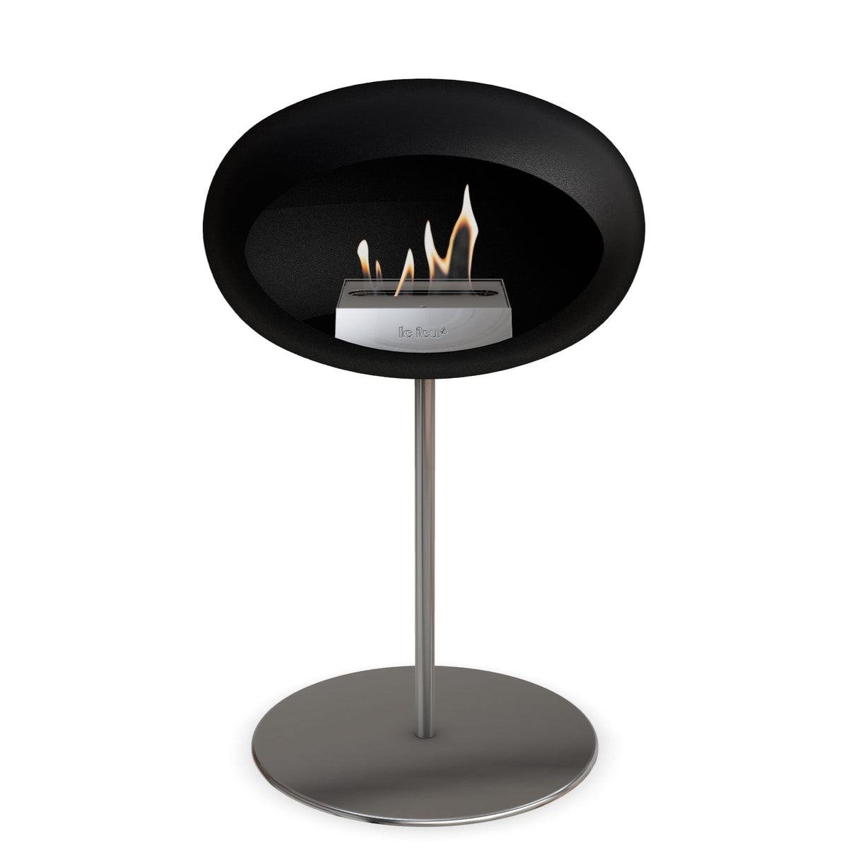 Foyer au bioéthanol à cuvette noire, flamme visible, pied et base ronds argentés