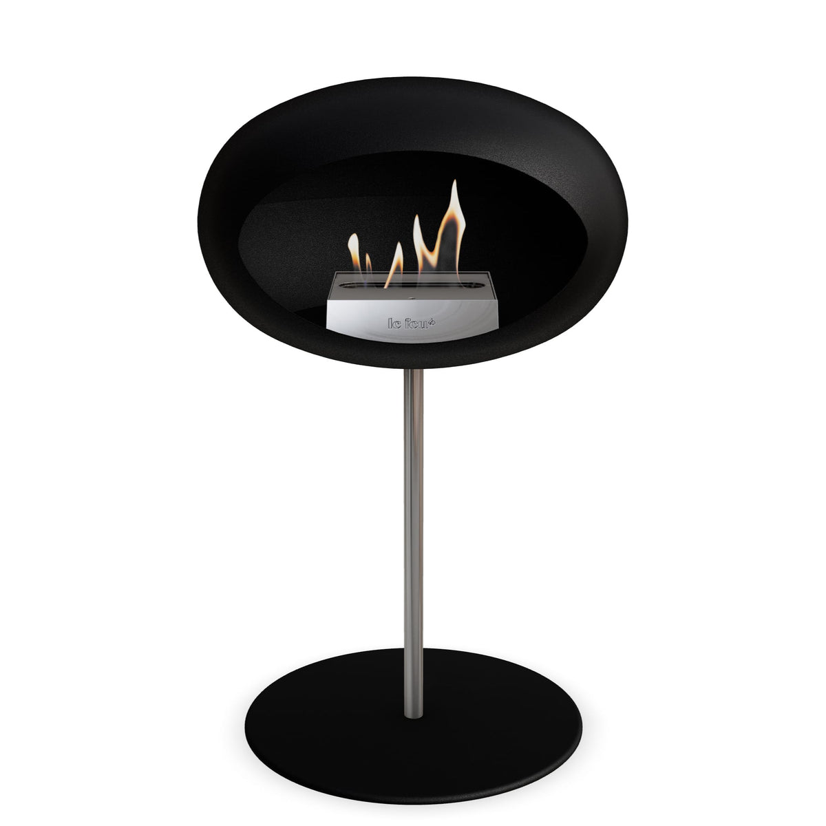 Foyer au bioéthanol à cuvette noire, flamme visible, pied argenté et base ronde noire