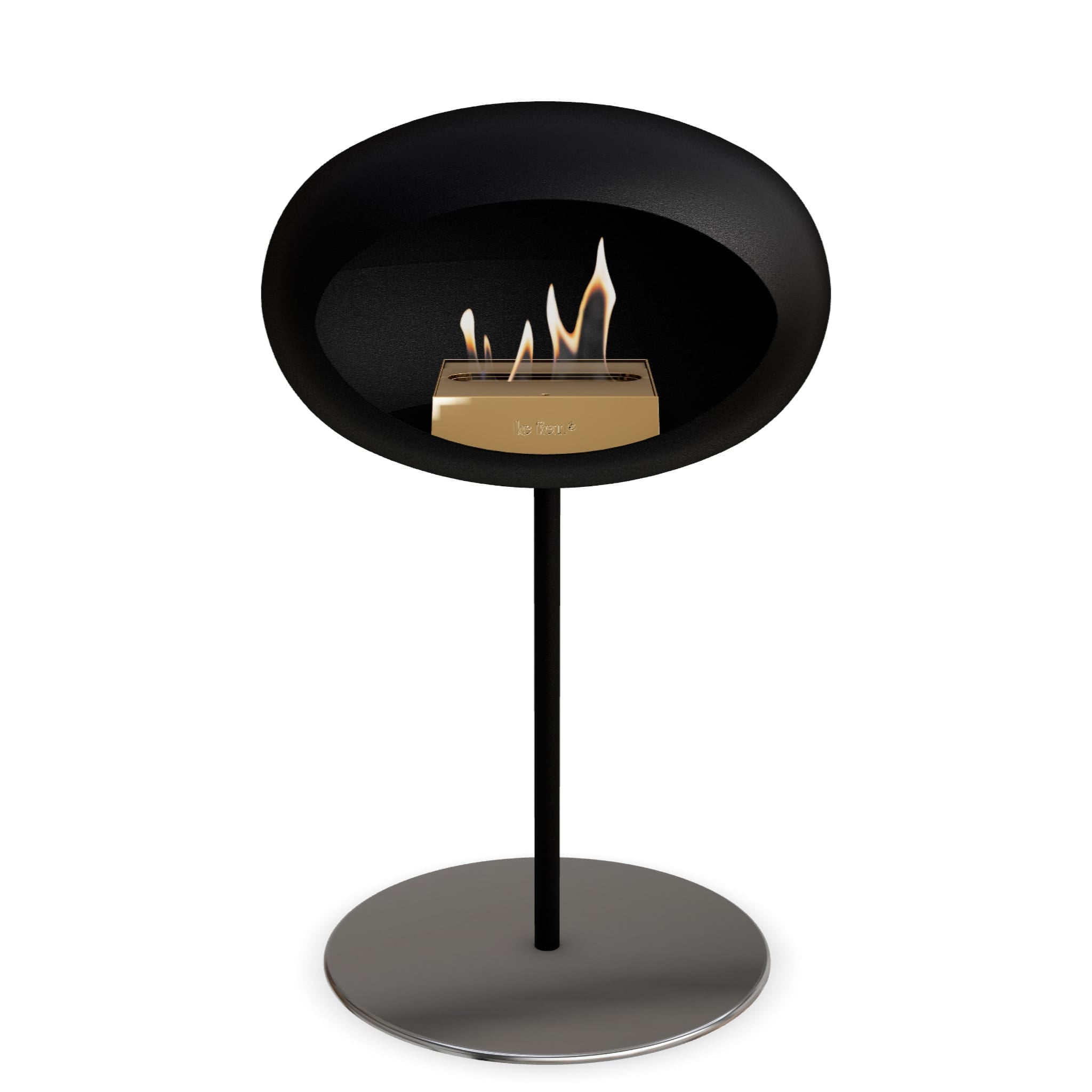 Foyer au bioéthanol sur pied noir, brûleur en flamme, base ronde gris