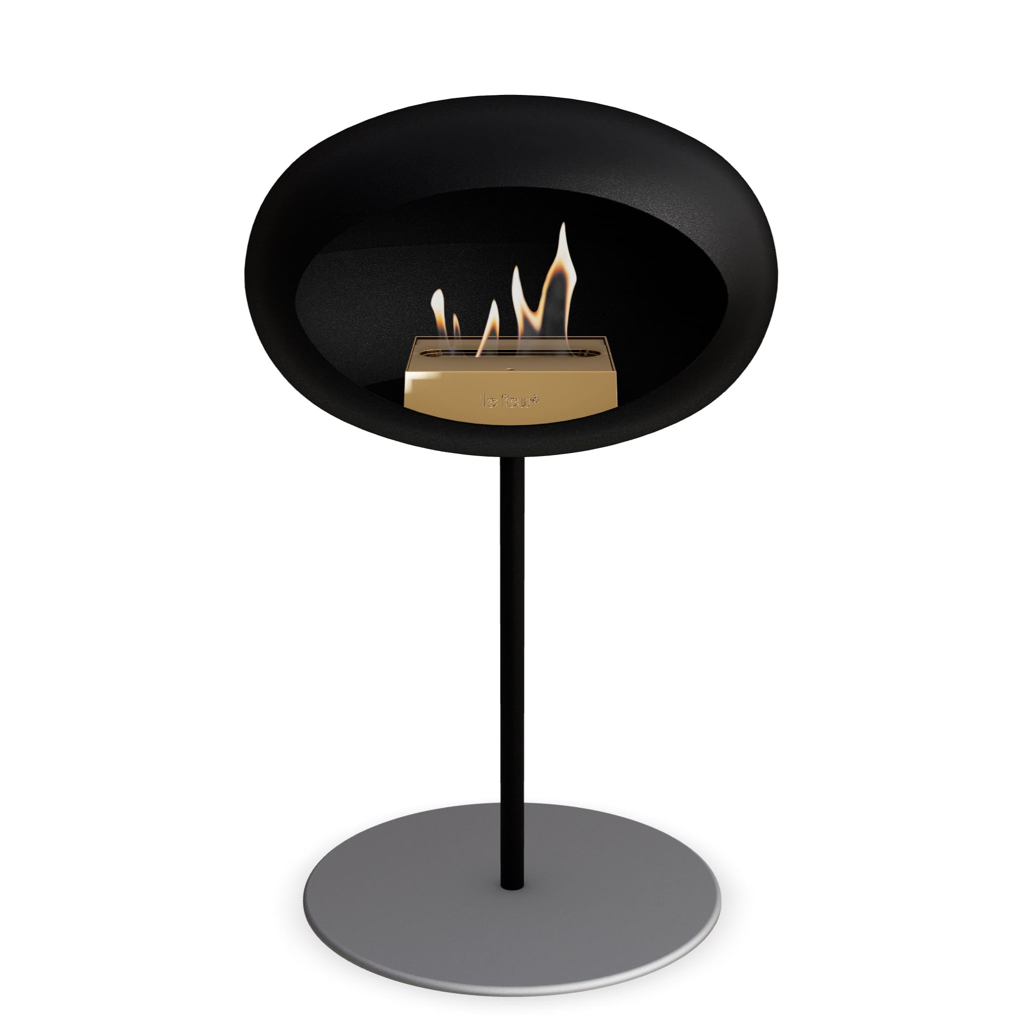 Foyer au bioéthanol sur pied noir, brûleur en flamme, base ronde gris foncé