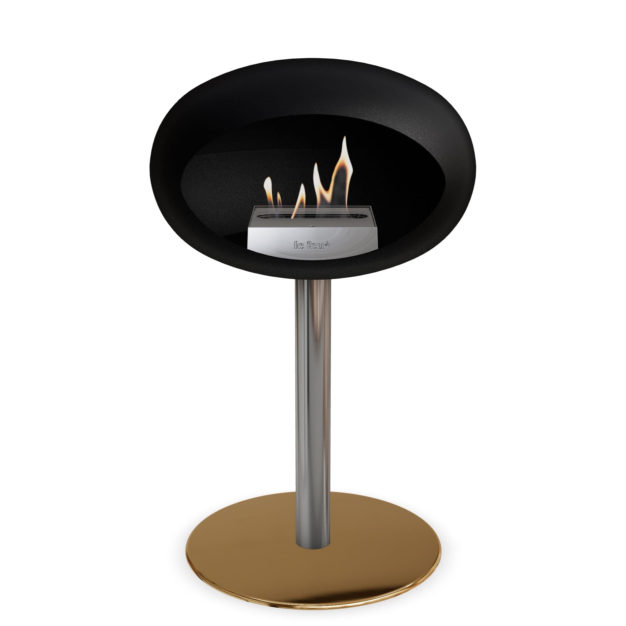 Brasero bioéthanol sur pied : tête noire, poteau acier, base ronde dorée, flamme