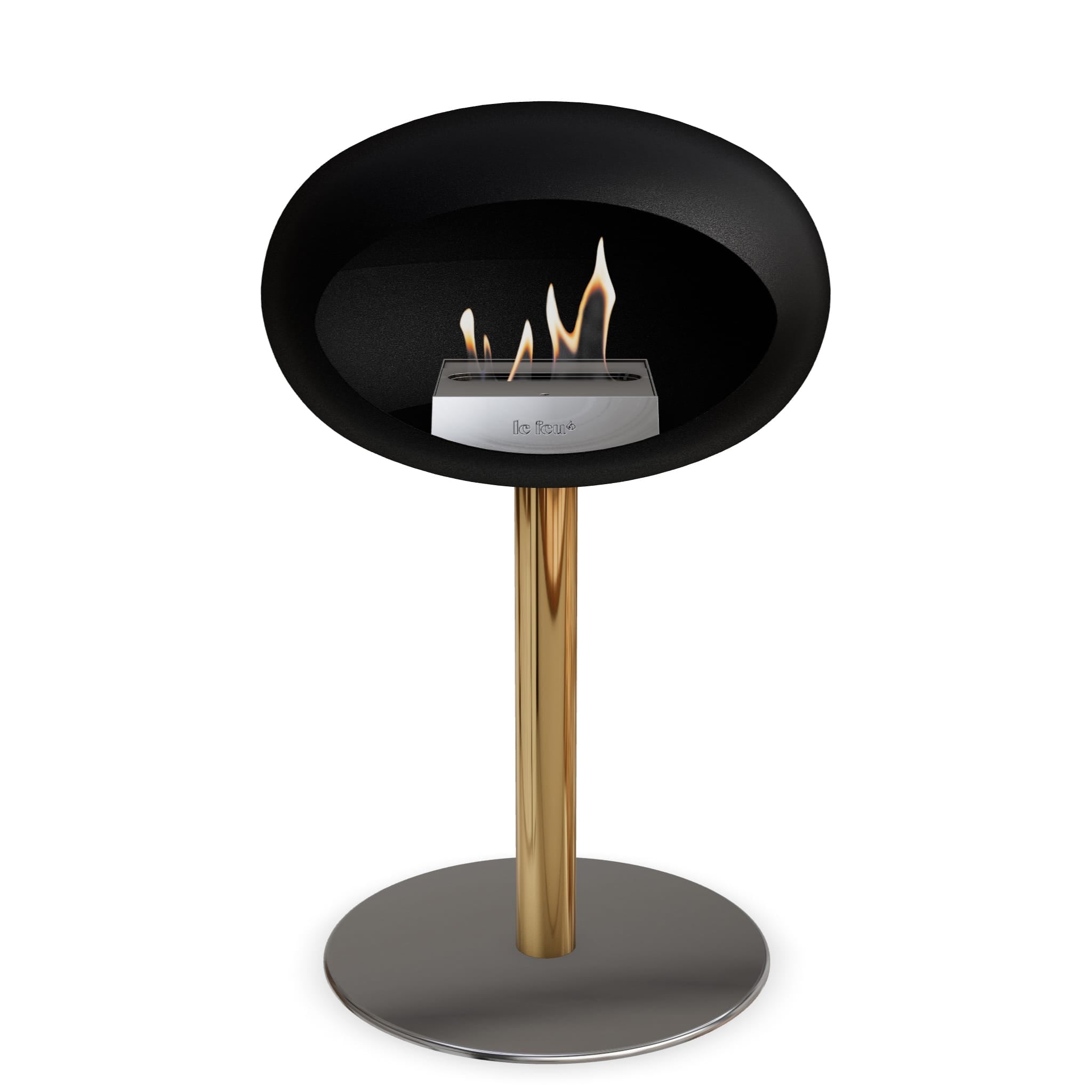 Foyer au bioéthanol noir : base ronde noir, brûleur avec flamme visible
