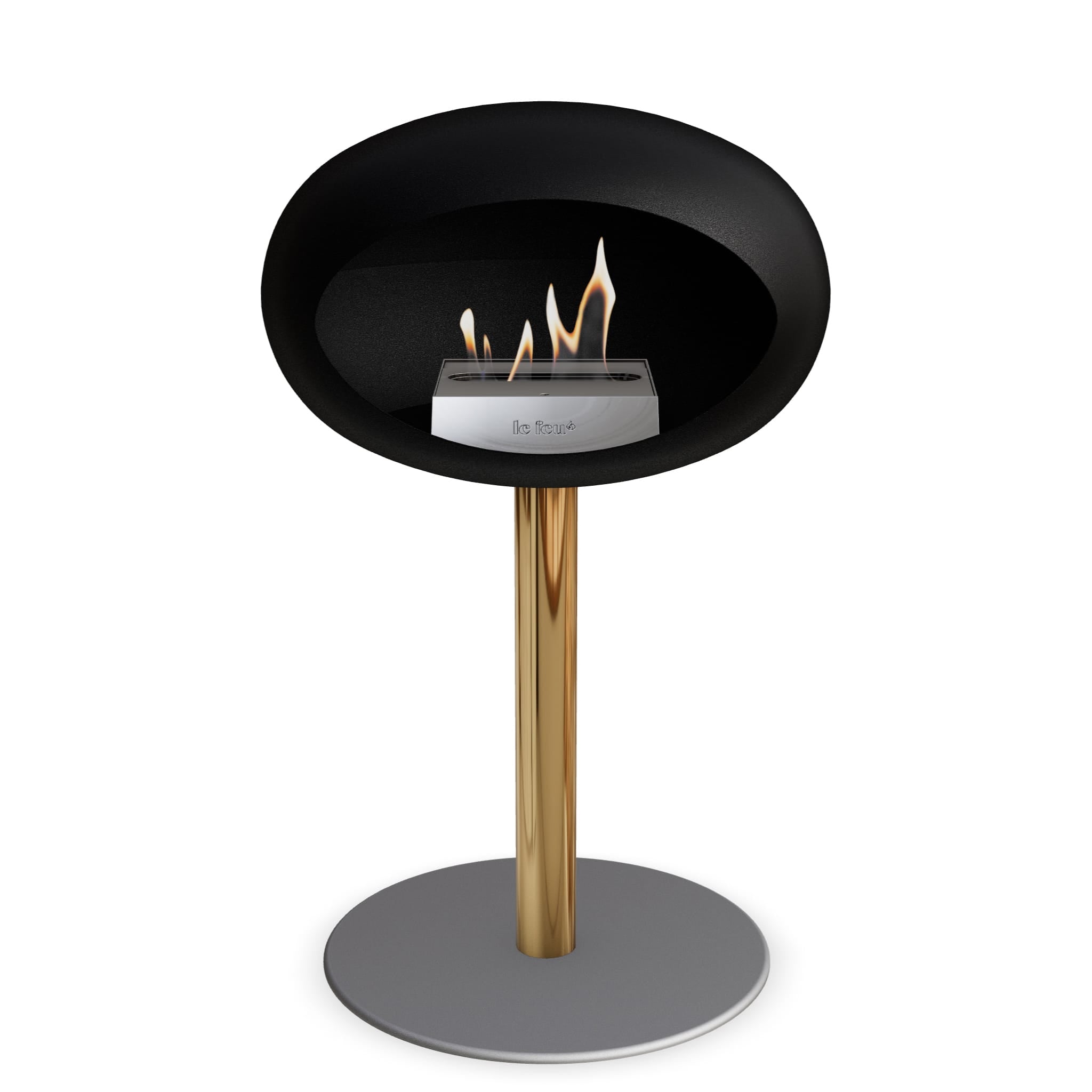 Brasero bioéthanol sur pied : tête noire, poteau rose doré, base ronde grise, flamme
