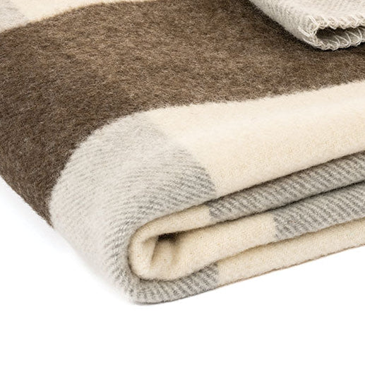 Jeté en laine Fudge à carreaux beige et brun, gros plan sur la texture et le bord