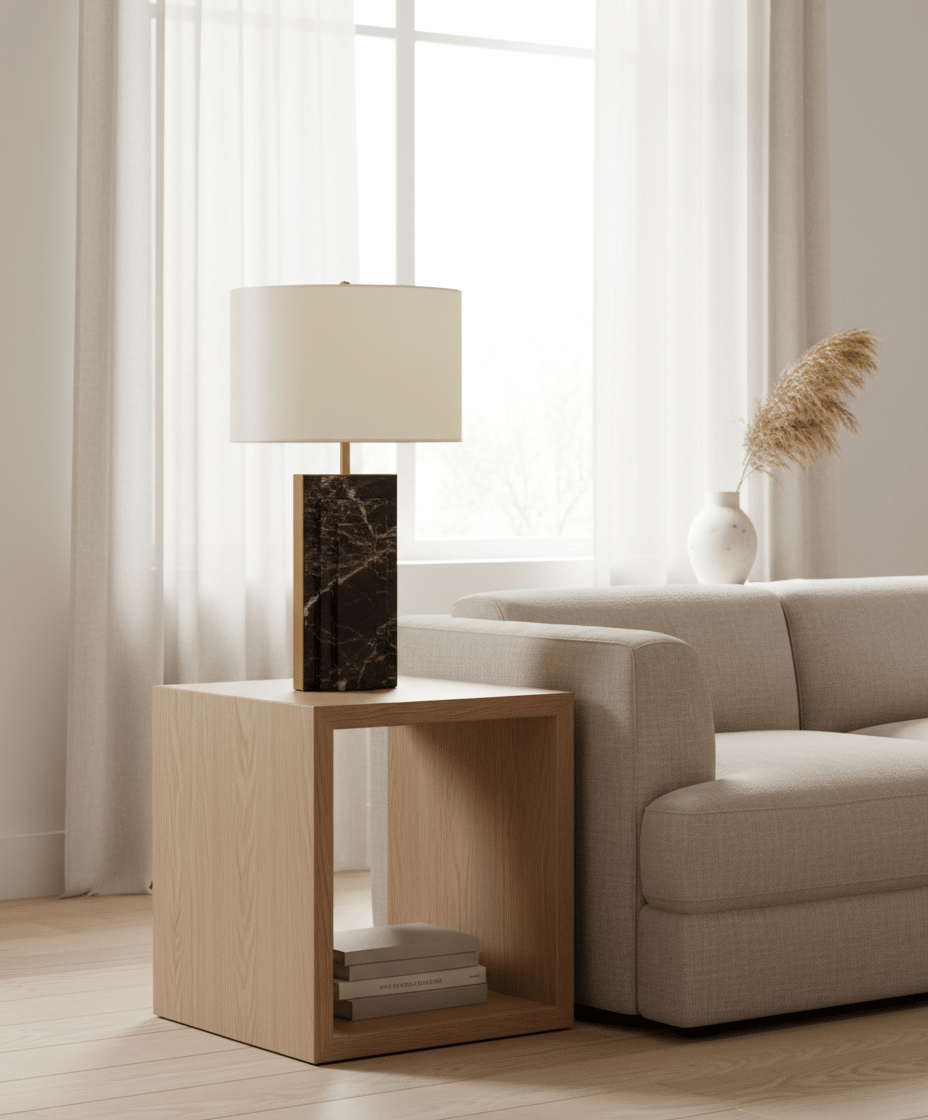 Lampe de table en marbre naturel Grayson avec abat-jour gris sur une table d'appoint