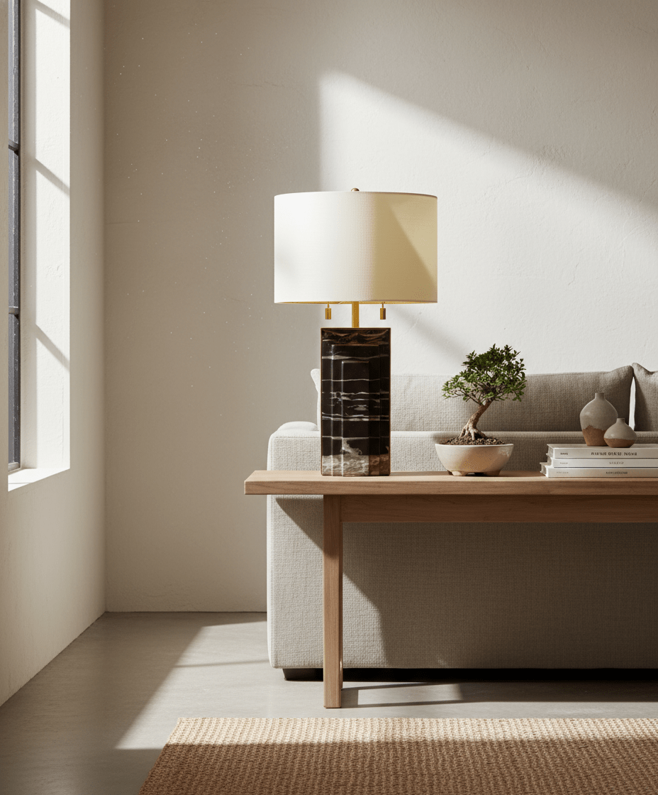 Lampe de table en marbre naturel Grayson avec abat-jour gris sur table de salon
