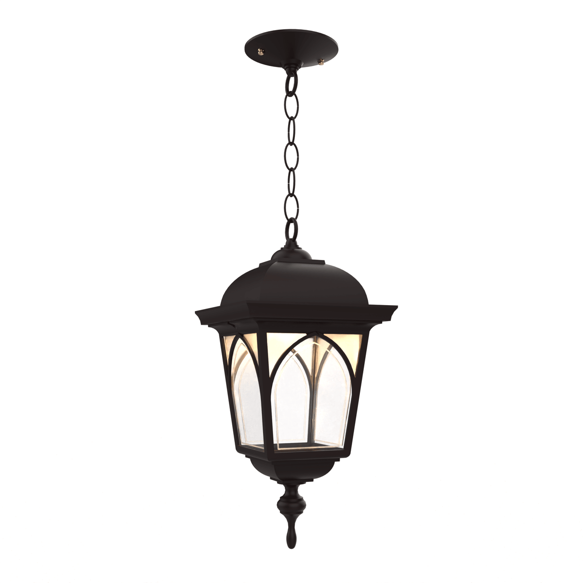 Luminaire suspendu extérieur foncé avec chaîne, lanterne et abat-jour en verre dépoli
