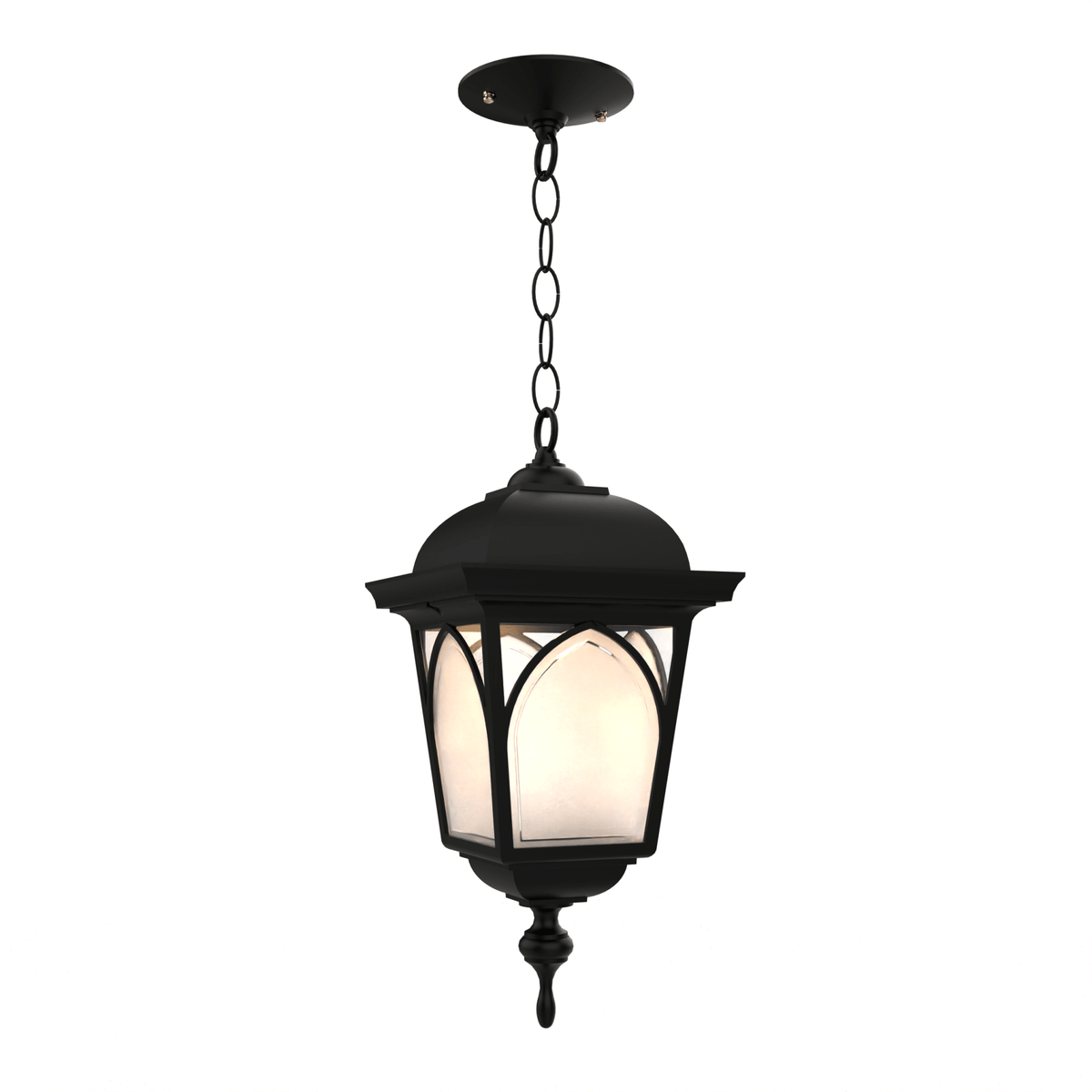 Luminaire suspendu extérieur noir en lanterne, verre éclairé, chaîne et base fermée.