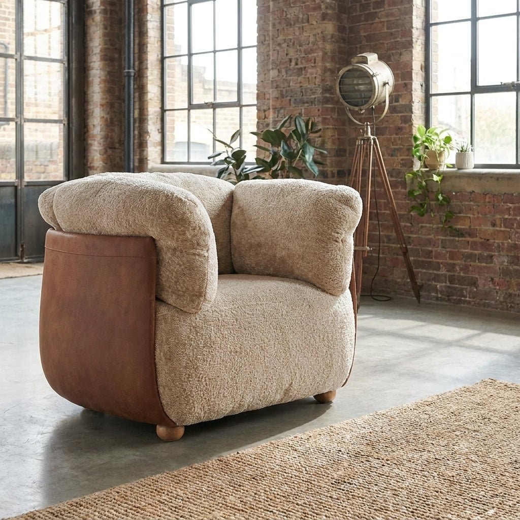 Ensemble fauteuil et repose-pieds | Bois massif | Cuir et tissu | Havana