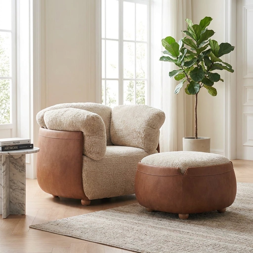 Ensemble fauteuil et repose-pieds | Bois massif | Cuir et tissu | Havana