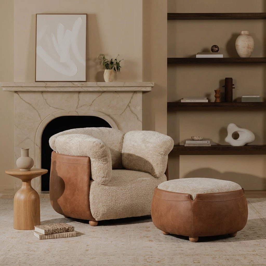 Ensemble fauteuil et repose-pieds | Bois massif | Cuir et tissu | Havana
