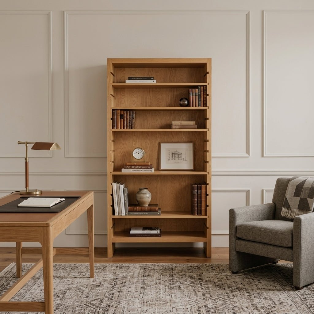 Bibliothèque Hirosaki en chêne naturel avec cinq étagères réglables dans un salon moderne