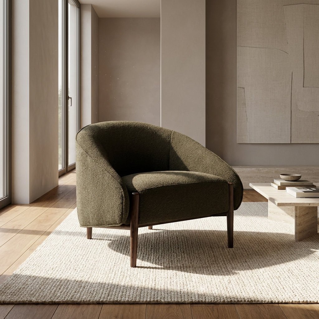Kestrel Accent Chair | Wraparound backrest | Dark walnut frame | Artisan craftsmanship