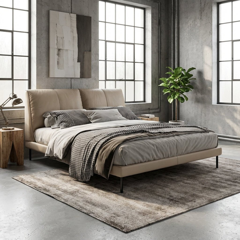 Lit King rembourré Aarhus | Lit plateforme moderne | Cuir pleine fleur véritable | Cadre en bois massif | Sommier à lattes intégré - Les Trouvailles de JustinebedAltera