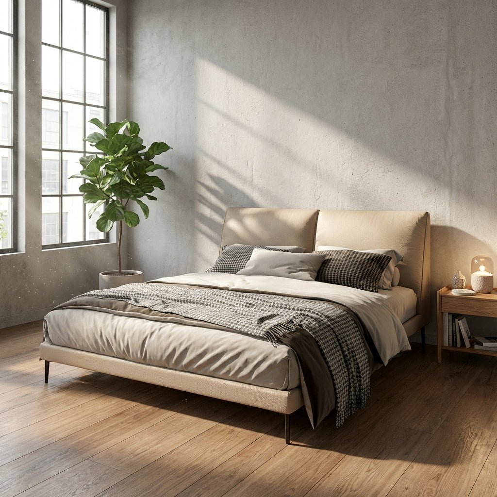 Lit King rembourré Aarhus | Lit plateforme moderne | Cuir pleine fleur véritable | Cadre en bois massif | Sommier à lattes intégré - Les Trouvailles de JustinebedAltera