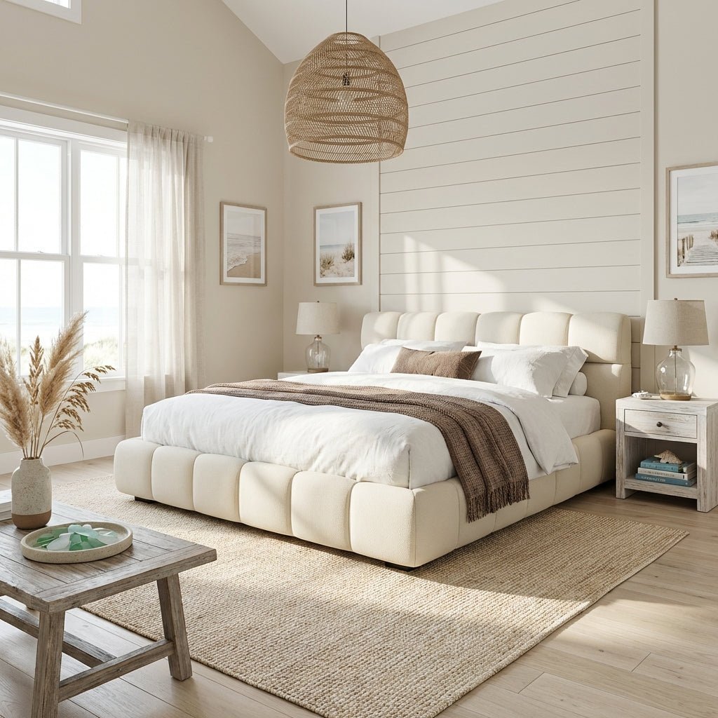Lit King Valencia | Lit plateforme capitonné | Tissu tissé de qualité | Cadre en bois massif | Sommier à lattes intégré - Les Trouvailles de JustinebedAltera