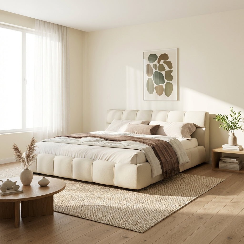 Lit King Valencia | Lit plateforme capitonné | Tissu tissé de qualité | Cadre en bois massif | Sommier à lattes intégré - Les Trouvailles de JustinebedAltera