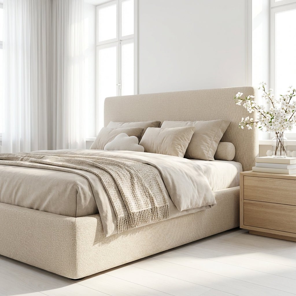 Lit plateforme Queen en tissu Metro | Lit rembourré moderne | Structure en bois robuste | Design minimaliste - Les Trouvailles de JustinebedAltera