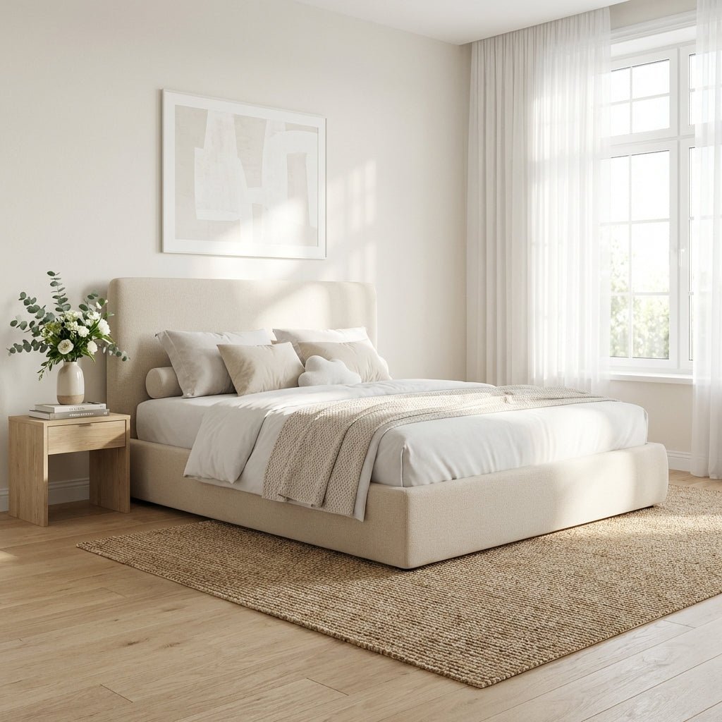 Lit plateforme Queen en tissu Metro | Lit rembourré moderne | Structure en bois robuste | Design minimaliste - Les Trouvailles de JustinebedAltera