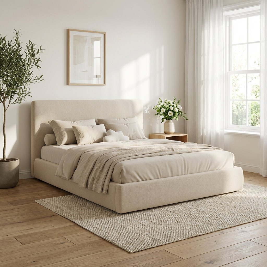 Lit plateforme Queen en tissu Metro | Lit rembourré moderne | Structure en bois robuste | Design minimaliste - Les Trouvailles de JustinebedAltera