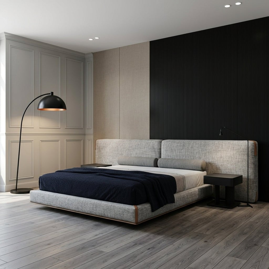 Lit King Martin Rembourré | Bois massif | Lin premium | Style contemporain luxueux