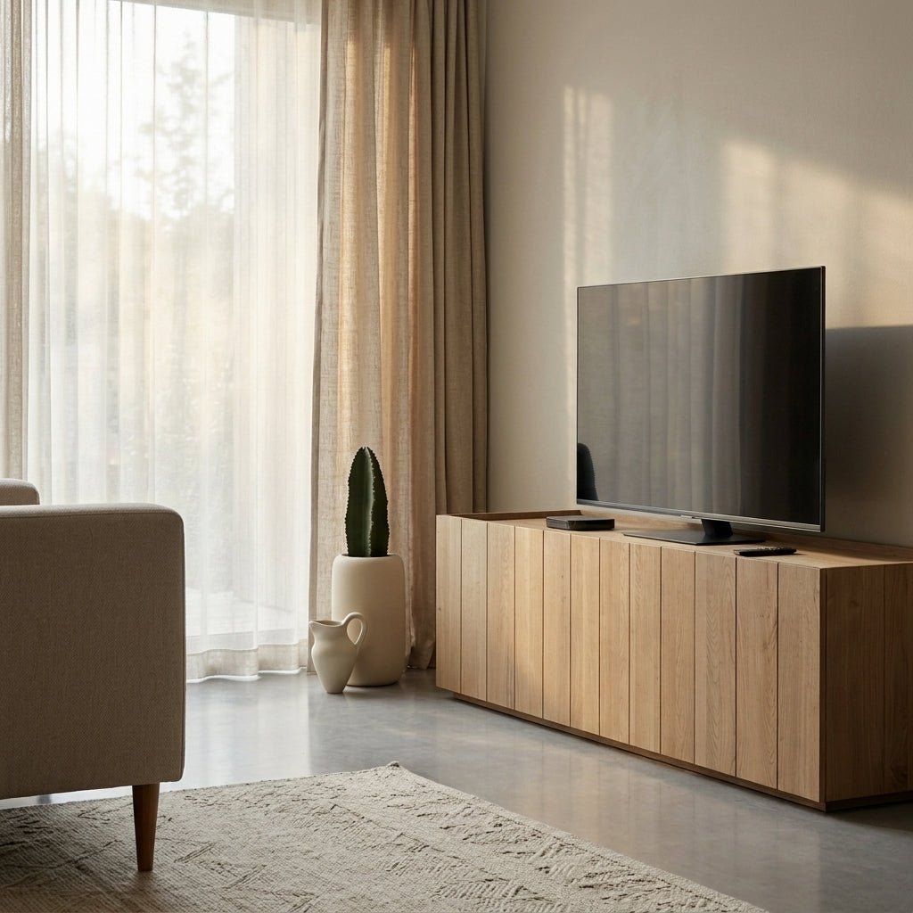 Meuble média Plank en chêne massif design bas avec portes magnétiques