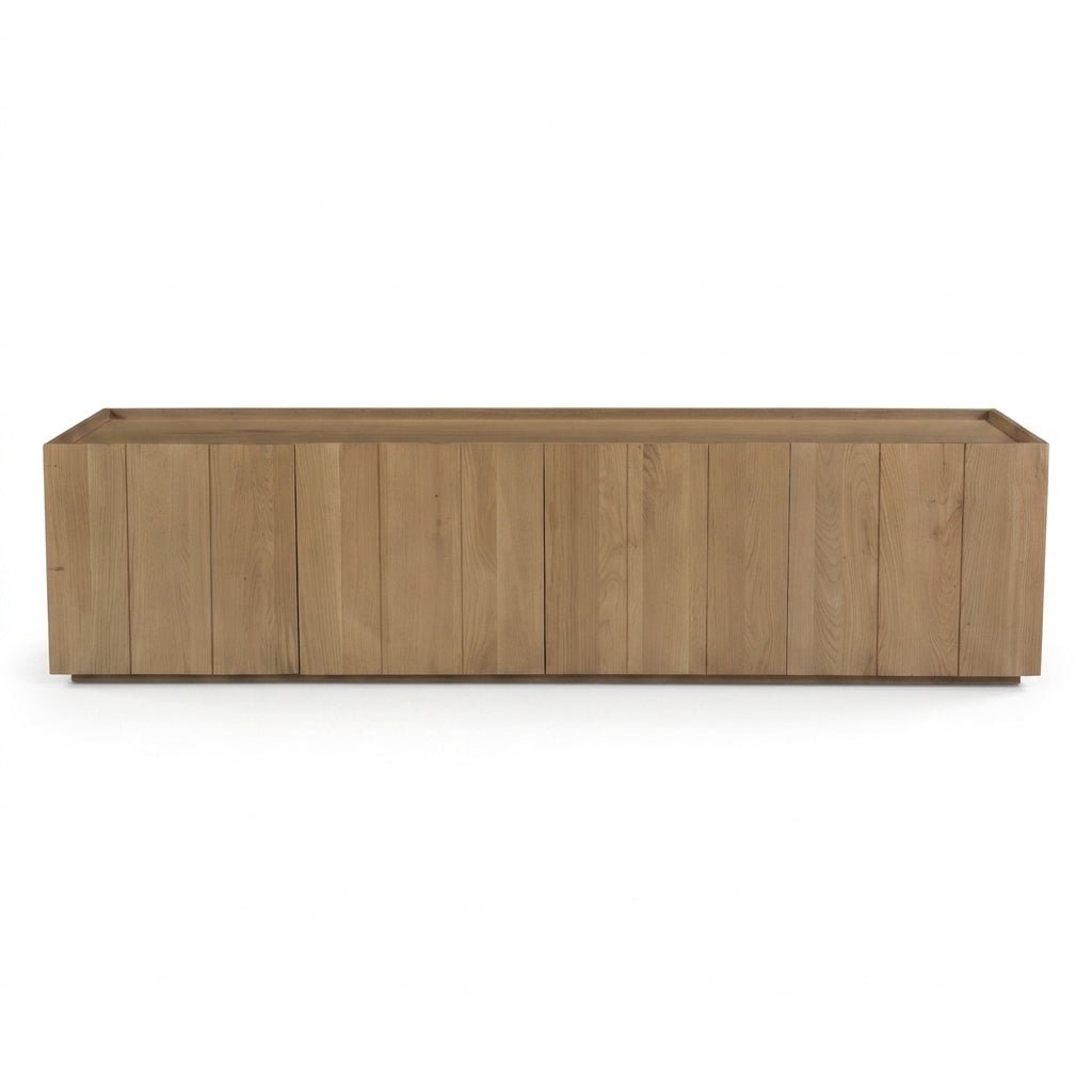 Meuble média Plank en chêne massif design bas avec portes magnétiques fond blanc