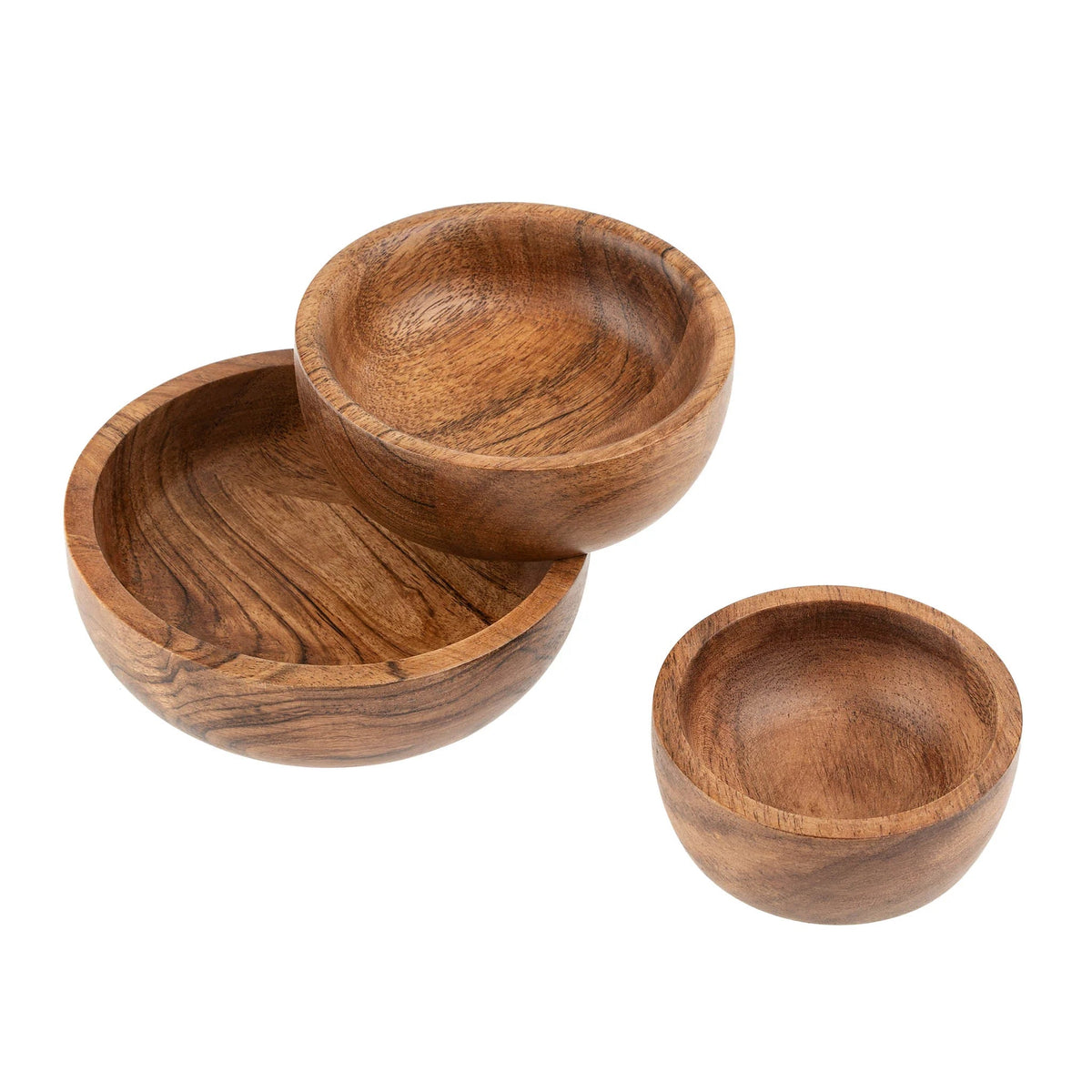Ensemble de trois mini bols en bois d’acacia, trois cuvettes rondes
